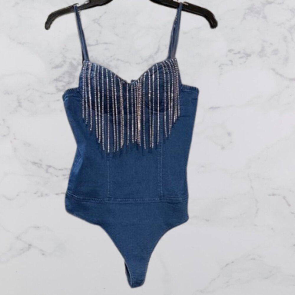 NWT Haute Monde Women's Size S Denim and rhinestone fringe bodysuit